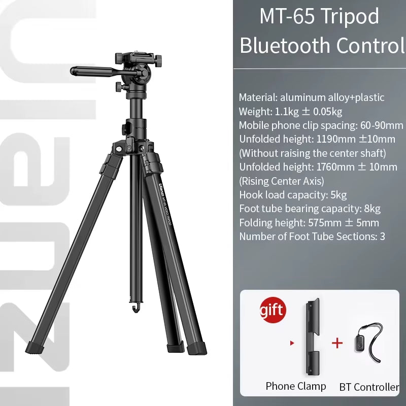 MT-65 1.76M Overhead Camera Tripod 30M Remote Control with Phone Holder Lightweight Tripod 360° Ballhead for Smartphone
