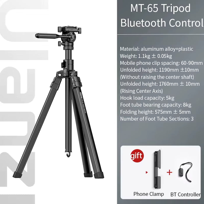 MT-65 1.76M Overhead Camera Tripod 30M Remote Control with Phone Holder Lightweight Tripod 360° Ballhead for Smartphone