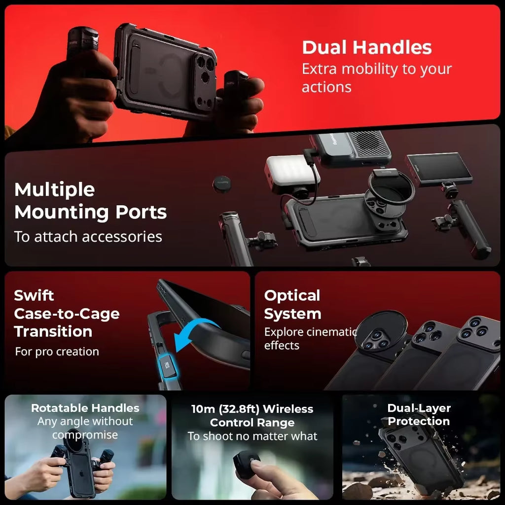 Dual Handheld Phone Cage Kit Full Cover Back Case for Iphone 17 Pro / 17 Pro Max Quick Release Video Rig Stabilizer