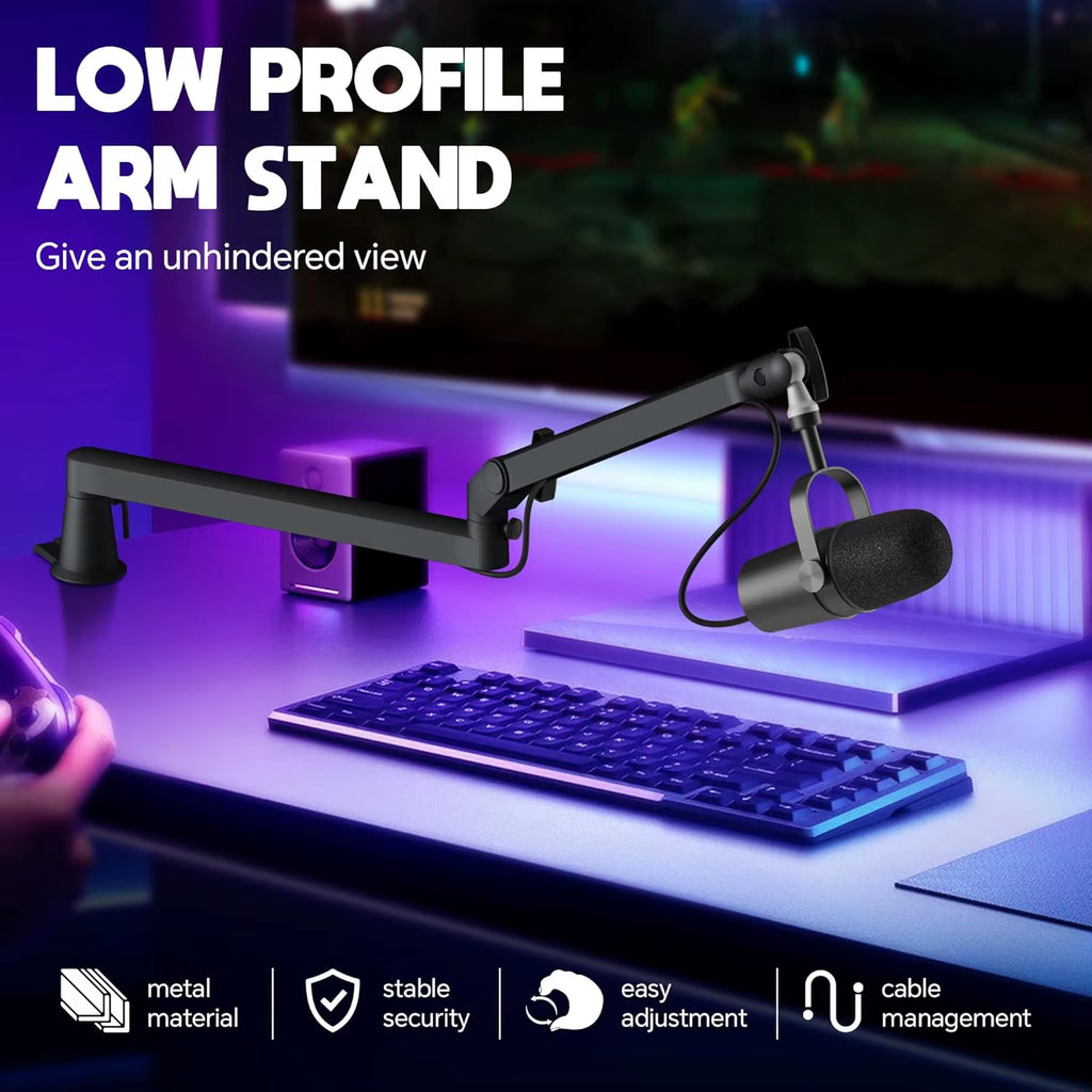 Professional Studio Low Profile Mic Arm with Extended Riser Cable Management Adjustable Microphone Stand for SM7B MV7 AM8 K688