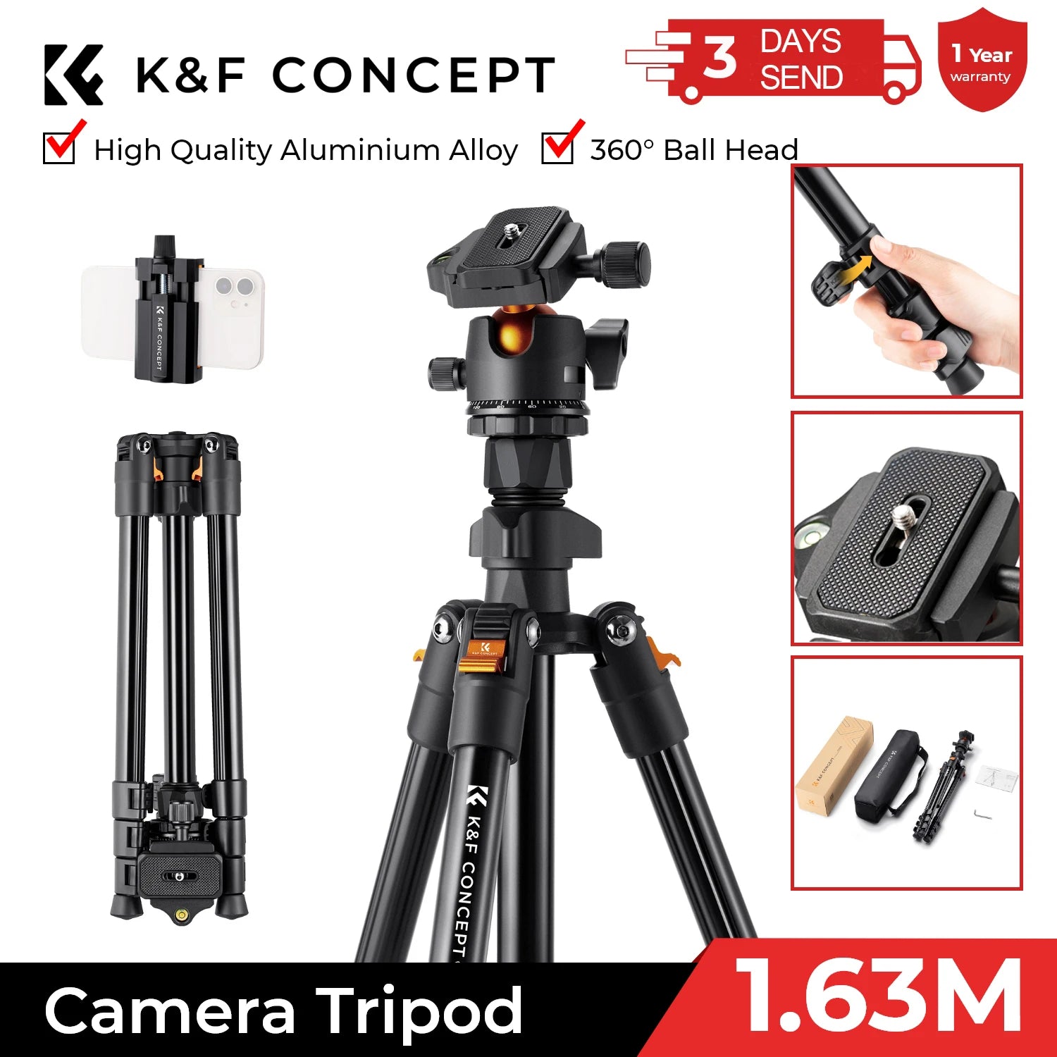 Portable Camera Travel Tripod Flexible Vlog Tripod with 360 Degree Ball Head Quick Release for Canon Nikon Sony DSLR