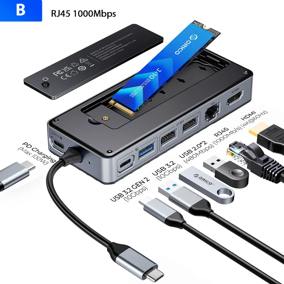 M.2 SSD Enclosure USB C Hub Splitter PD100W Extension Docking Station 10Gbps M2 Nvme SATA External Case 4K 60Hz Hdmi-Com