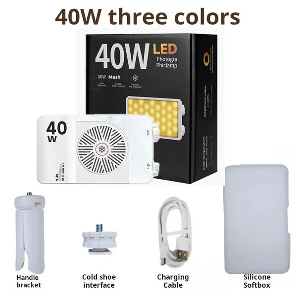 40W Mini Portable LED Fill Video Light with Built-In Rechargeable Battery Fill Light for Mobile Phone Charging PD