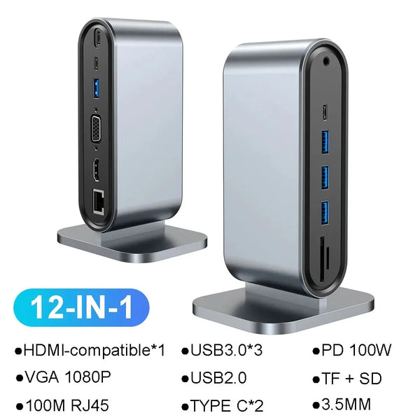 15-In-1 Vertical Docking Stations USB Hubs USB C HUB with Triple Monitor Type-C to HDMI 4K60Hz/Rj45 1000M/USB3.0/PD100W for PC