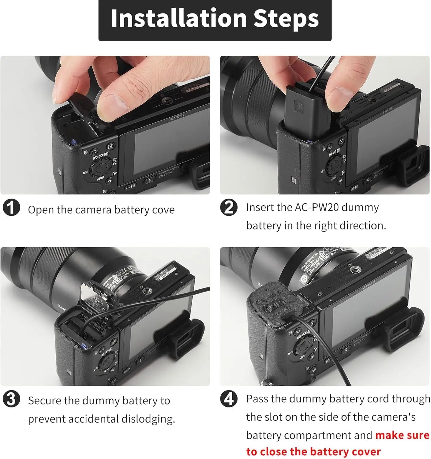 AC-PW20 NP-FW50 Dummy Battery AC Power Supply Adapter DC Coupler Kit for Sony Alpha ZV-E10 A5100 A6500 A6400 A6000 A55 A7RX10