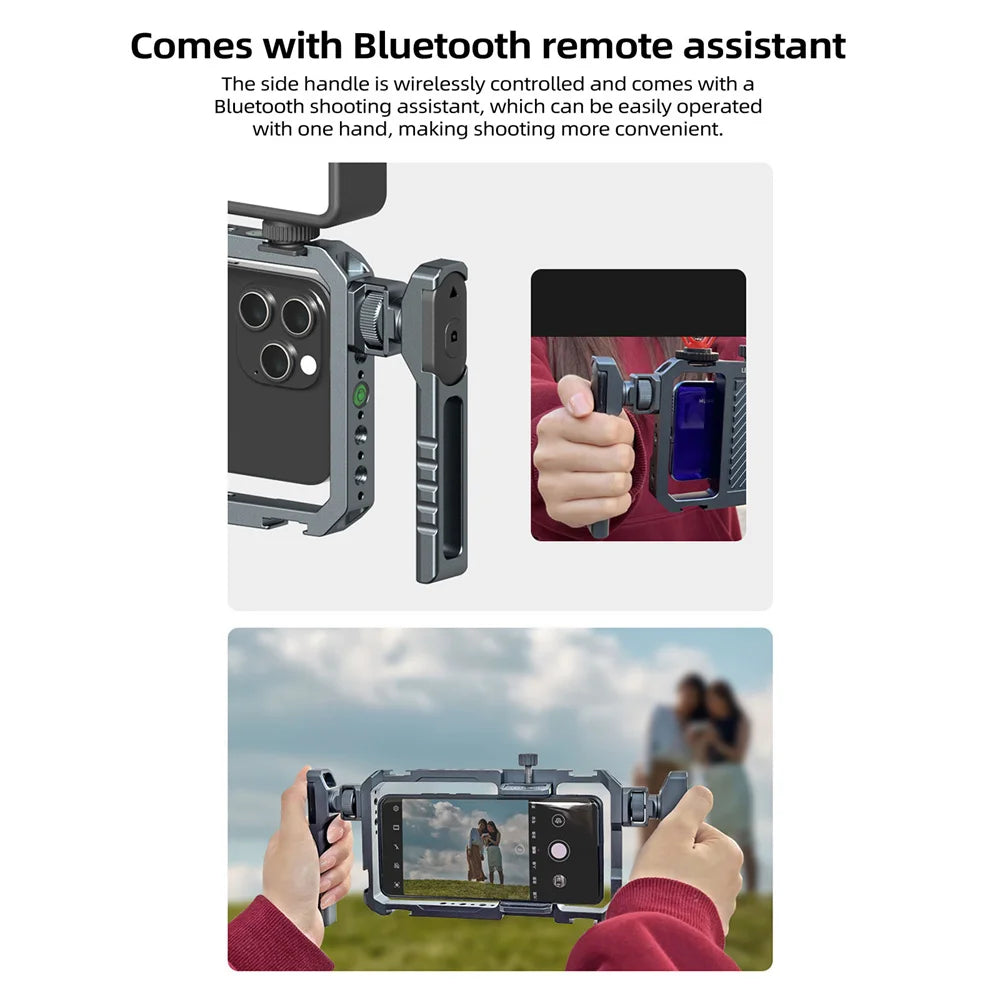 2026 New Remote Contol Smartphone Cage Video Rig W Handle Grip for Iphone 15 14 13 12 Android Phone Mic Light Photography Vlog