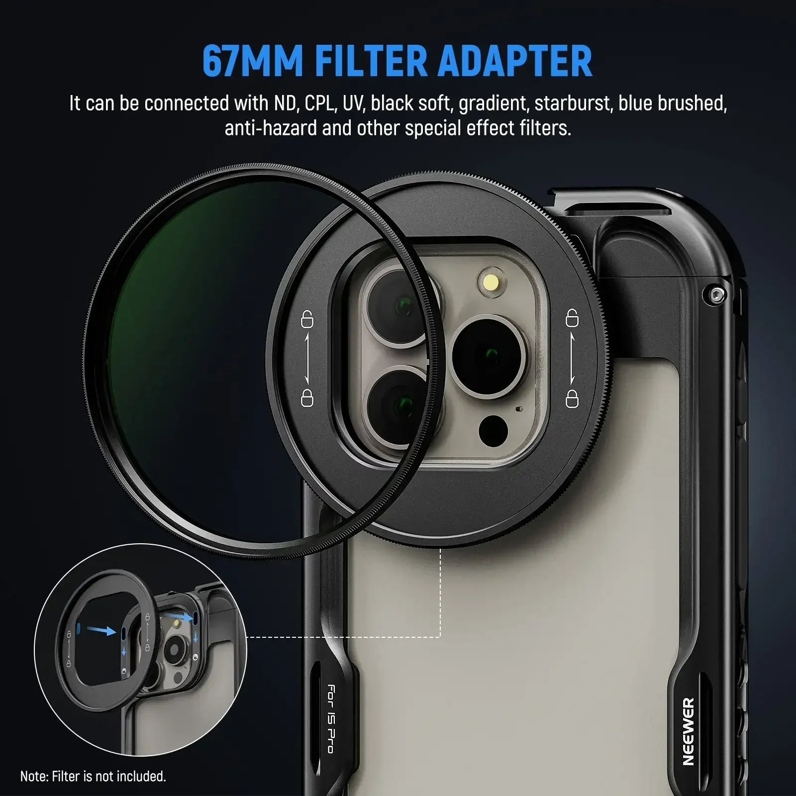 #V for Neewer Full Phone Cage with 67Mm Filter Adapter 17Mm T-Mount Lens Adapter for Iphone 15 Pro / 15 Pro Max Video Phone Cage