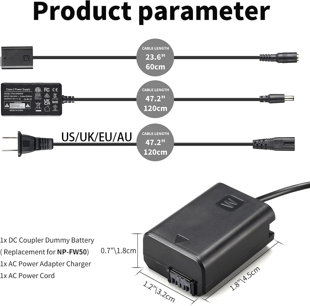 AC-PW20 NP-FW50 Dummy Battery AC Power Supply Adapter DC Coupler Kit for Sony Alpha ZV-E10 A5100 A6500 A6400 A6000 A55 A7RX10