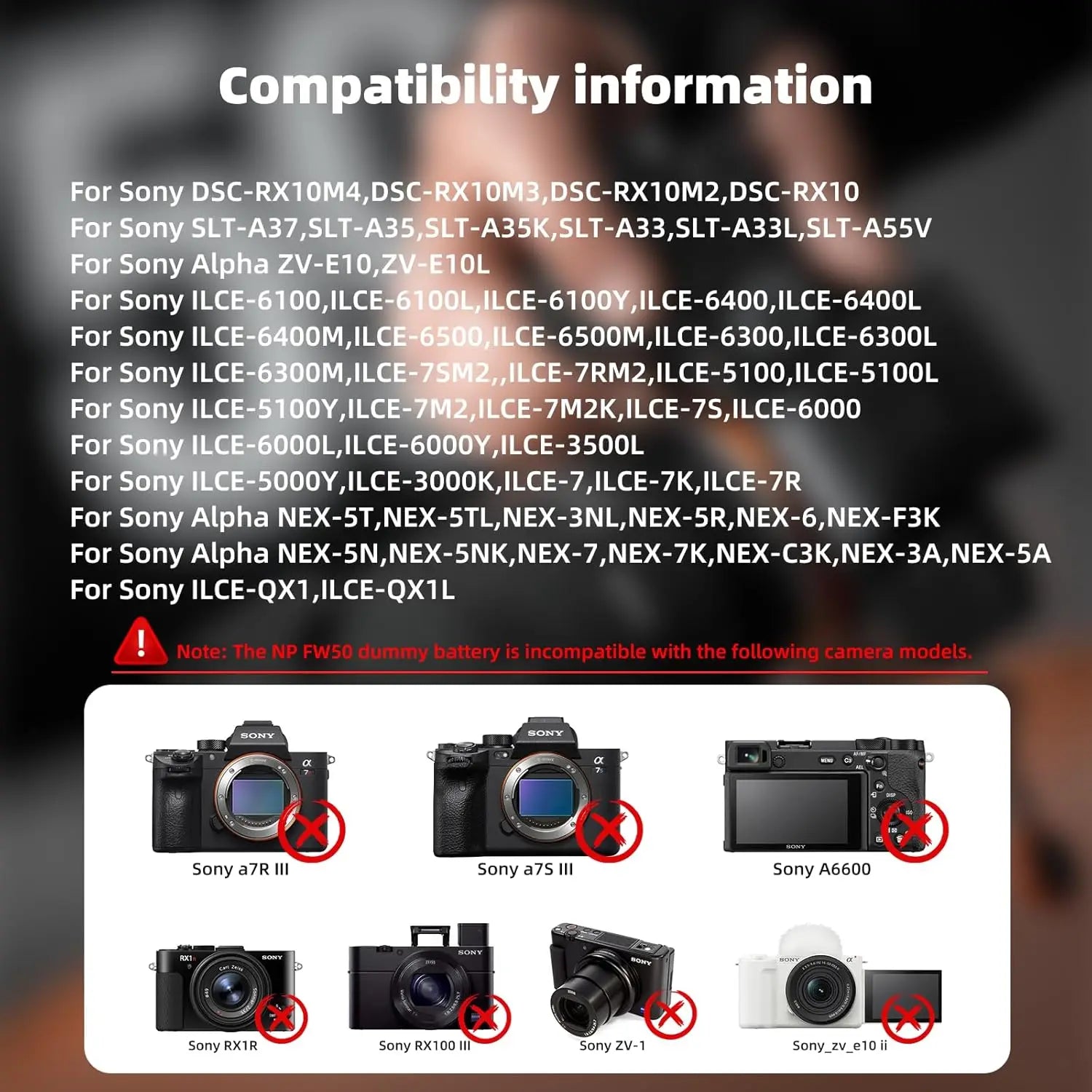 AC-PW20 NP-FW50 Dummy Battery AC Power Supply Adapter DC Coupler Kit for Sony Alpha ZV-E10 A5100 A6500 A6400 A6000 A55 A7RX10