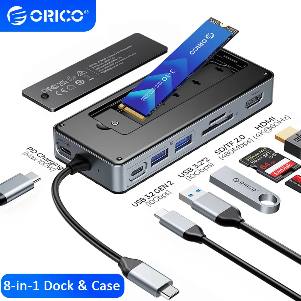 M.2 SSD Enclosure USB C Hub Splitter PD100W Extension Docking Station 10Gbps M2 Nvme SATA External Case 4K 60Hz Hdmi-Com