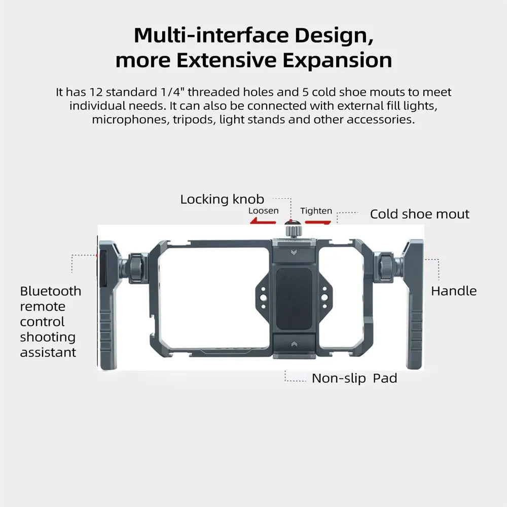 2026 New Remote Contol Smartphone Cage Video Rig W Handle Grip for Iphone 15 14 13 12 Android Phone Mic Light Photography Vlog