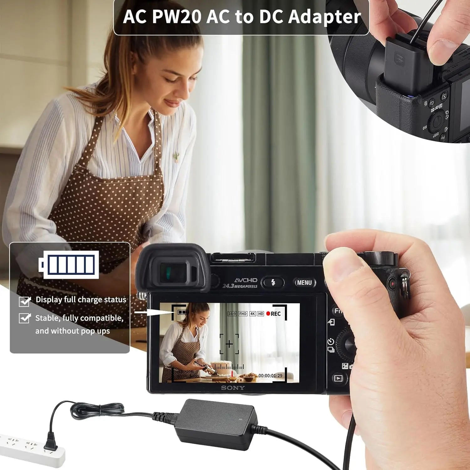 AC-PW20 NP-FW50 Dummy Battery AC Power Supply Adapter DC Coupler Kit for Sony Alpha ZV-E10 A5100 A6500 A6400 A6000 A55 A7RX10