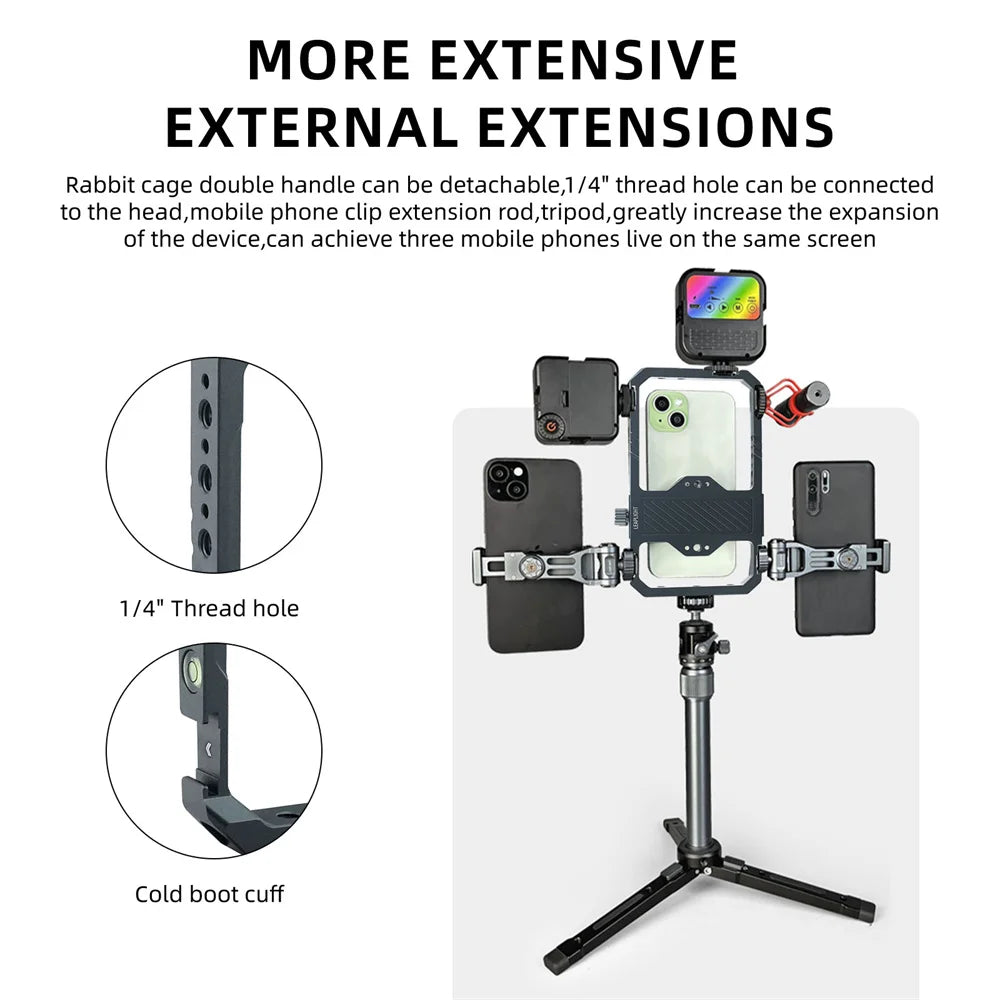 2026 New Remote Contol Smartphone Cage Video Rig W Handle Grip for Iphone 15 14 13 12 Android Phone Mic Light Photography Vlog