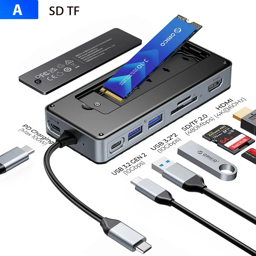 M.2 SSD Enclosure USB C Hub Splitter PD100W Extension Docking Station 10Gbps M2 Nvme SATA External Case 4K 60Hz Hdmi-Com